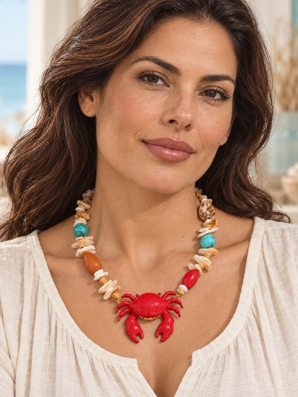 Bold Red Crab Pendant Necklace with Multicolor Bead Accents - Picture 2 of 3